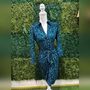 Cache Vibrant Blue and Green Long Sleeve Dress